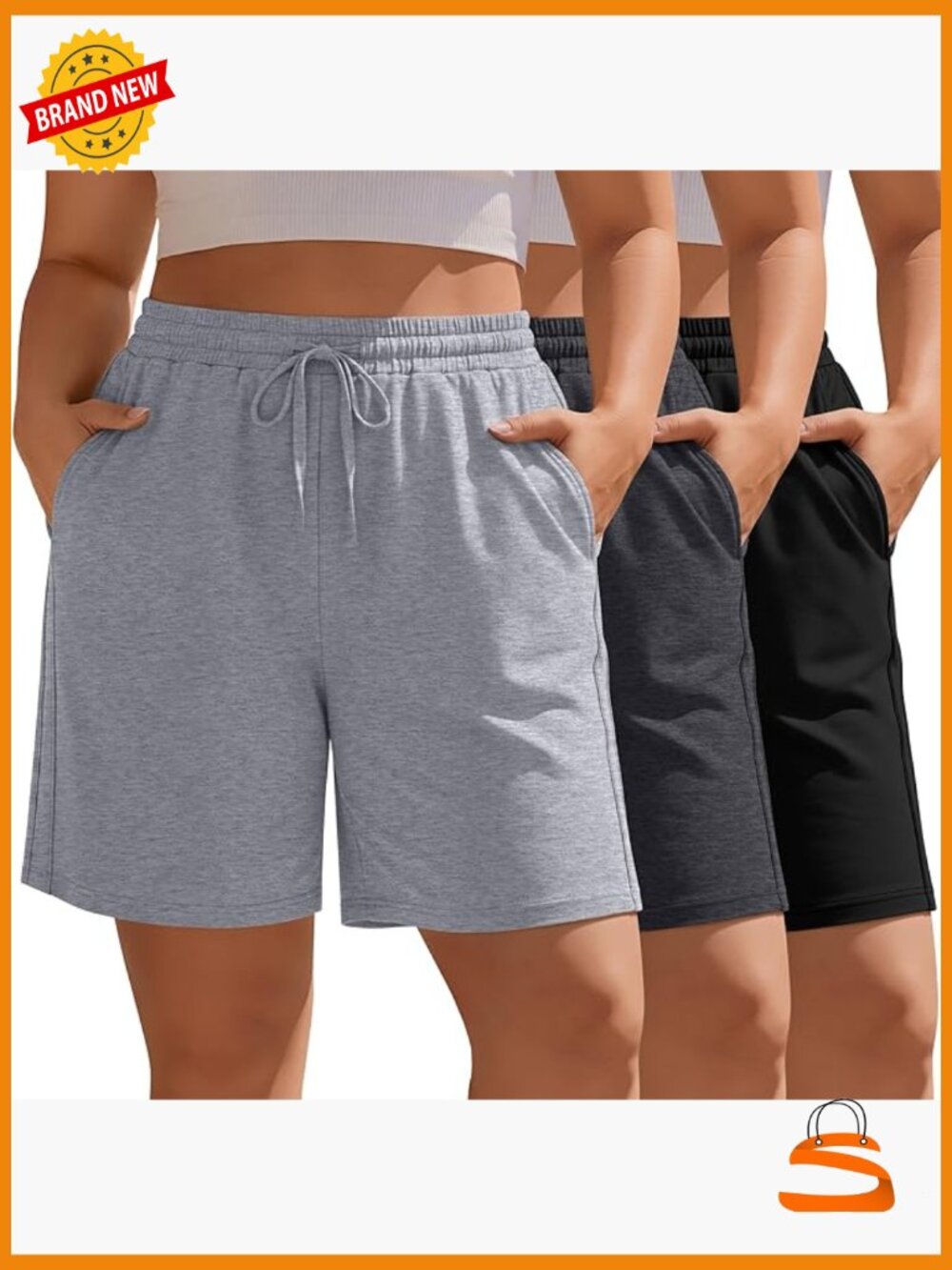 3 Pack Plus Size Bermuda Shorts Drawstring Elastic Waist with Pockets